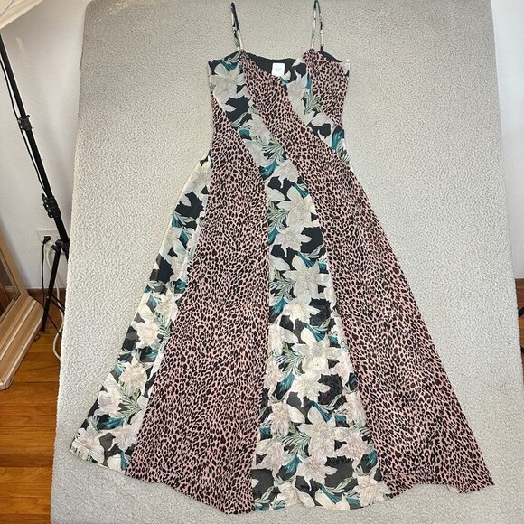 Sen Maxi Dress Leopard Floral Paneled Spaghetti Colorful Lined Chiffon - Picture 12 of 16